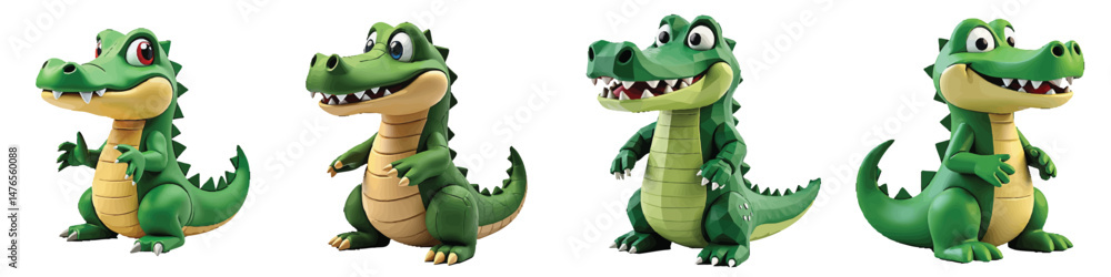 Obraz premium Set of 4 Cute Green Cartoon Alligator Characters Vector Illustration