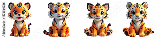 Cut Out Set of Low Poly Vector illustration Of Tiger Toy Isolated on Transparent or White Background.