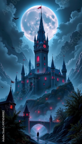 Dark Gothic Castle at Night Under a Full Moon