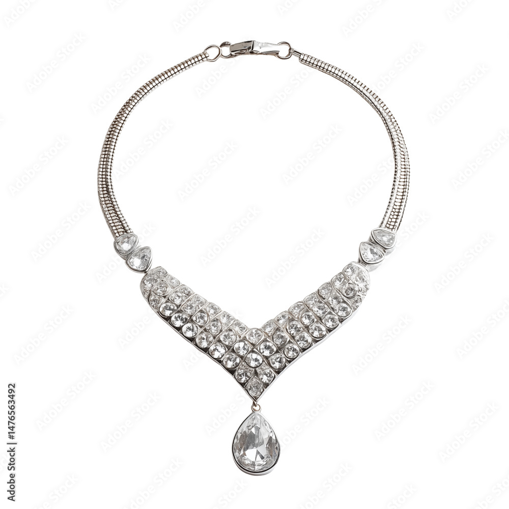 Silver necklace with crystals and teardrop pendant