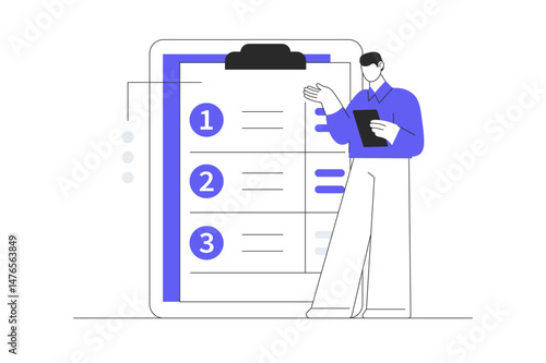 Project manager businessman organizing task by priority on clipboard work management planner. Flat Cartoon Vector Illustration, icon. Stylish abstract design landing page
