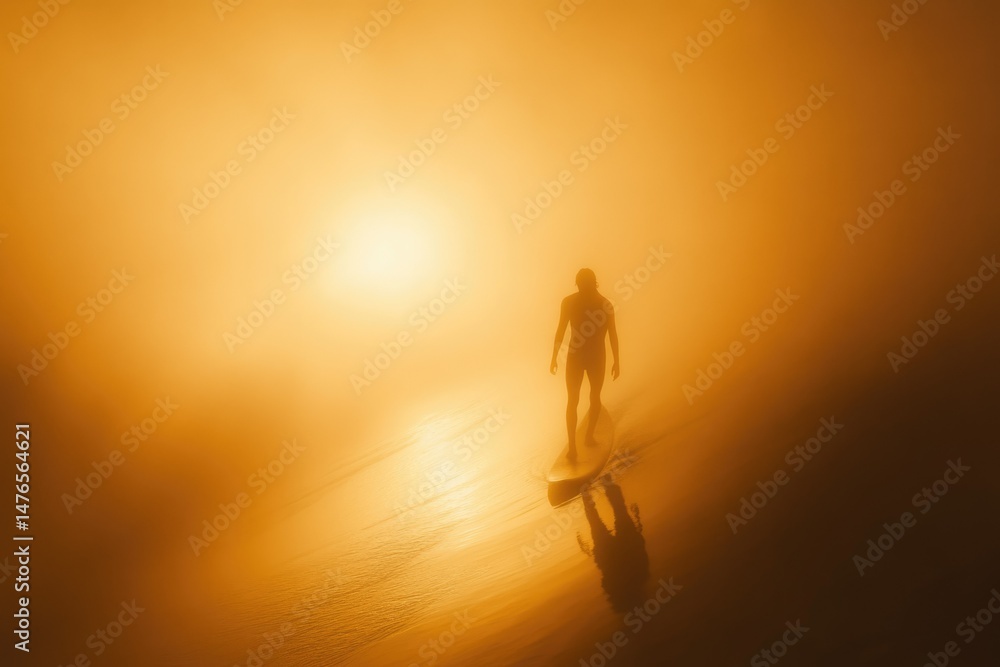 Silhouette of a surfer walking on a surfboard in a foggy sunrise, golden light. Silhouette of a surfer walking on a surfboard in a foggy sunrise, golden light.