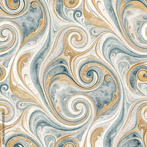 Swirling Watercolor Design with Gold Accents Seamless Pattern