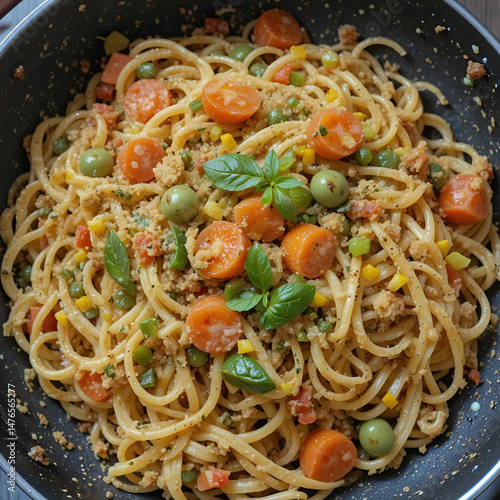 Delicious spaghetti with colorful vegetables sizzles in a pan, blending rich flavors, vibrant ingredients.