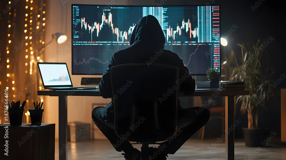 Fototapeta premium フードをかぶったハッカーが暗号チャートを前に取引するサイバー犯罪のイメージ