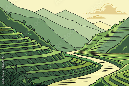 100 elegant terraced rice fields, lush green hills, winding river, mountainous landscape, serene reflection, stunning vista, atmospheric lighting, detailed textures, vibrant colors, dreamlike composit