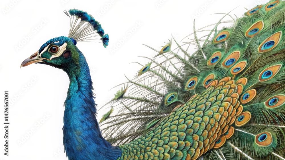 Fototapeta premium Profile of a Peacock Vibrant Feathers, Detailed Composition, Bird Portrait, peacock, bird