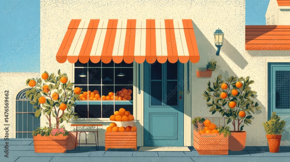 Obraz premium Mediterranean fruit shop storefront, vibrant colors, sunny day