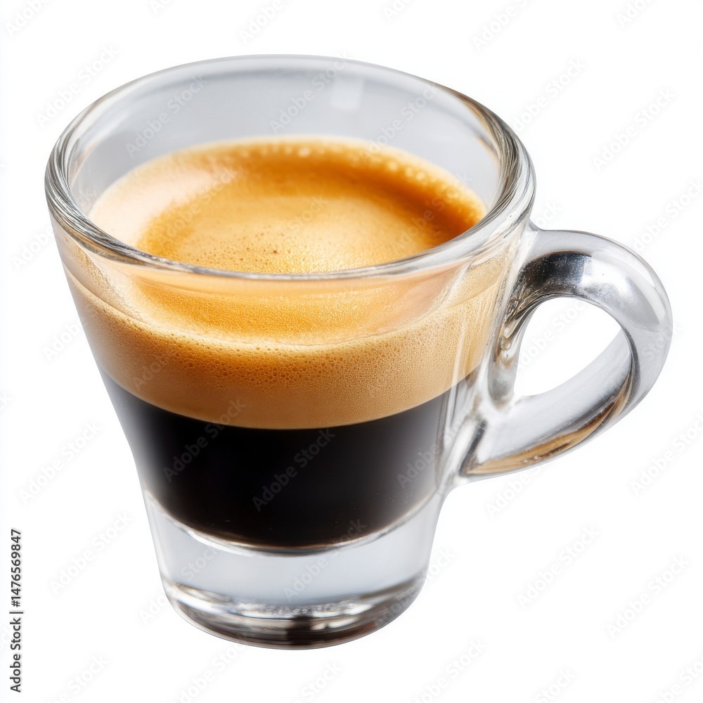 Classic Italian-style espresso in a tiny glass cup, isolated Classic Italian-style espresso in a tiny glass cup, isolated