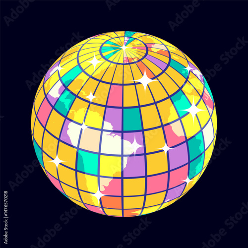 Swinging mirror disco ball planet Earth with shiny spotlight flashes and colorful mirror cells on surface. Ball with mirror mosaic pattern  of spotlights night club. Vector isolated on dark blue
