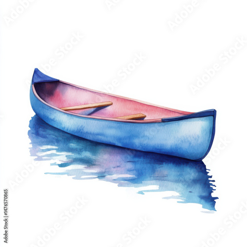 serene watercolor canoe with vibrant colors and reflections white background