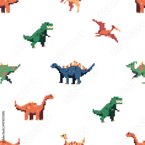 Pixelated dinosaurs vector cartoon seamless pattern on a white background.