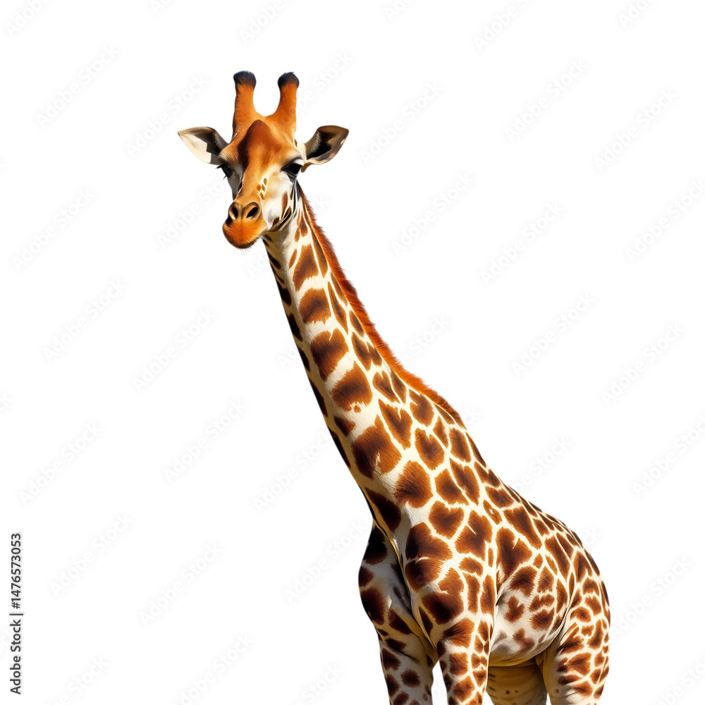 Fototapeta premium Graceful Giraffe Portrait: A solitary giraffe, with its unique spotted coat and incredibly long neck, stands tall in a captivating portrait, offering a glimpse into its majestic presence.