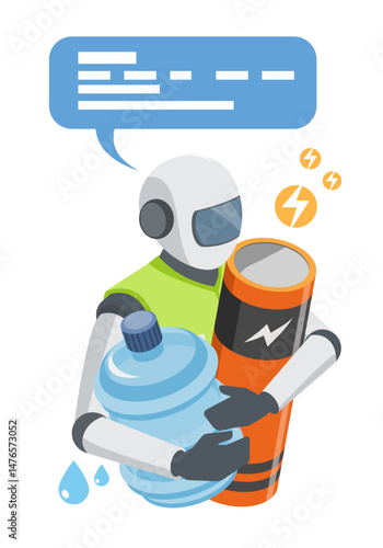 AI robot managing essential resources in a data center environment, holding battery and water container to represent energy consumption and cooling system needs for efficient performance