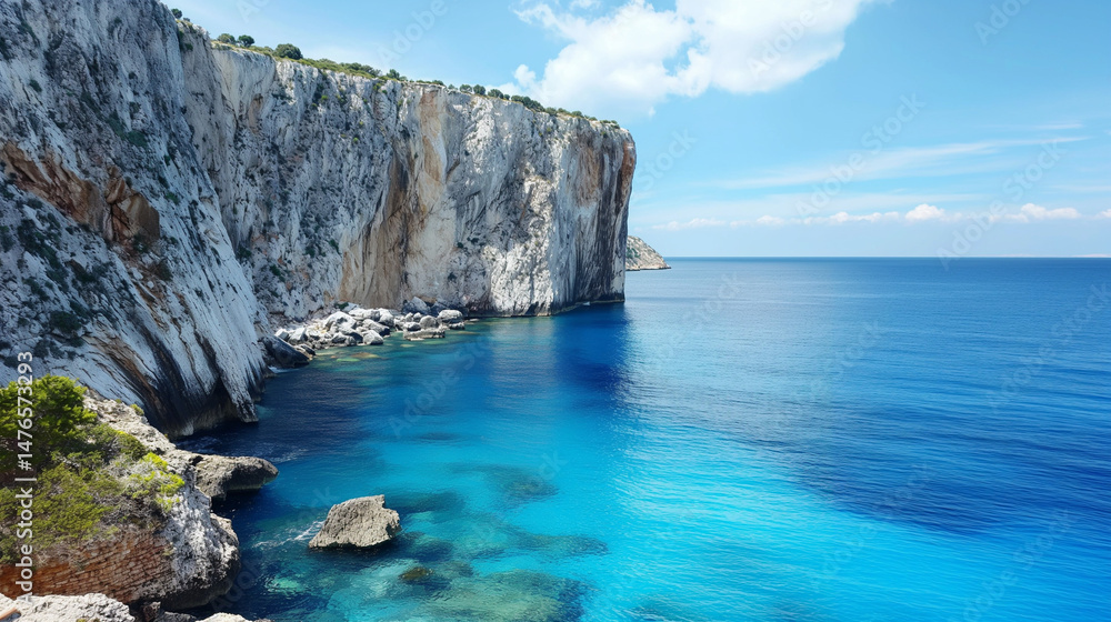 Fototapeta premium Stunning coastal cliffside with crystal-clear turquoise water under a bright blue sky