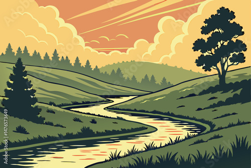 101 winding river through rolling hills, vibrant sunset sky, dreamy landscape, serene nature scene, atmospheric colors, idyllic outdoors, beautiful scenery, scenic vista, tranquil environment, mesmeri
