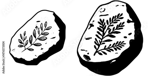 A cartoon rock from the Jurassic period with an impression or trace of a prehistoric plant silhouette, including leaves and flowers, is an example of the type of ancient fossil studied in modern
