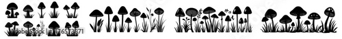 Silhouettes of black mushrooms and fungus in grass are depicted in icons, along with forest mushroom graphic elements and decorative stickers, showcasing nature's organic vegan food in a decent
