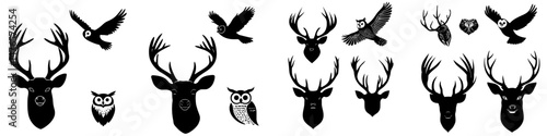 Modern hunting sport and wildlife design feature isolated black silhouettes of wild animals and birds, including deer heads with antlers, ducks, reindeer or elk, boars, owls, wapiti or moose, often