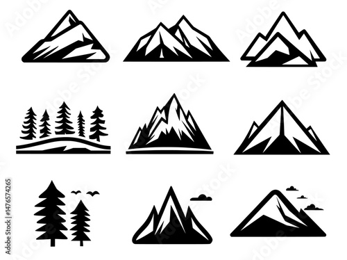Modern icons of mountain expedition and rock climbing are set against a backdrop of nature landscapes, featuring monochrome silhouettes of snowy peaks, steep rocky hills, and mountain crests, ideal