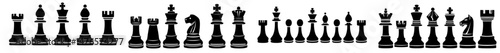 Modern chess set featuring bishop, queen, king, knight, and rook icons in a flat, black piece logo design with silhouettes of board game objects and utter modern pawn