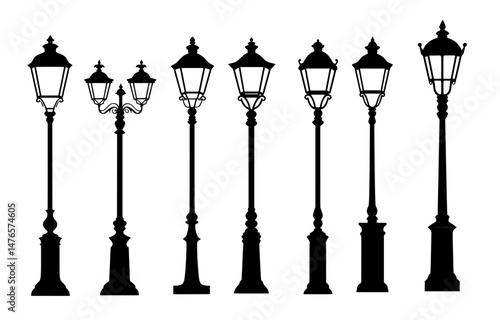 The city's streets are illuminated by a range of lighting fixtures, including isolated streetlights, retro lampposts, vintage lanterns, and lamp posts, some of which feature gas or old-style light