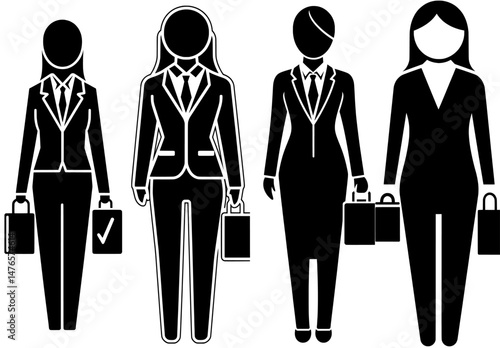 The image depicts a woman icon, specifically a business woman standing with a bag symbol