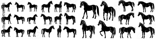 A collection of horse silhouettes, showcasing various poses including galloping, jumping, running, trotting, and rearing, isolated on a white background from a side view