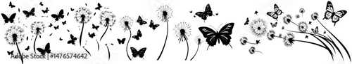Create an illustration of dandelions, including flying seeds and butterfly silhouettes, set against a floral garden backdrop of wild flowers, symbolizing freedom in a modern style