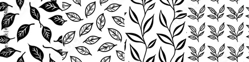 A hand-drawn seamless pattern featuring green tea leaves is showcased, complemented by sketches of organic tea, food, and drinks, all set against a modern white background illustration