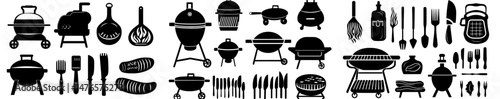 A collection of modern grill icons is presented, including a BBQ with a lattice design, a barbecue with a cover and smoke, a black silhouette of a BBQ grill, and the act of cooking in a backyard