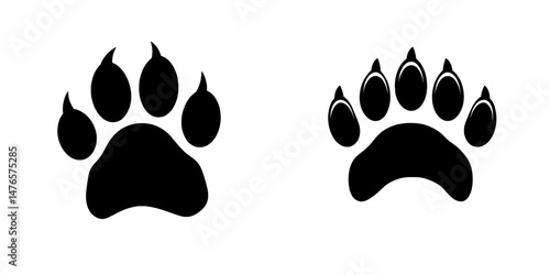 Black silhouette icon of isolated wild bear footprints, representing modern grizzly or american polar bear and panda foot prints with claws or nails, symbolizing predator wildlife animal steps on