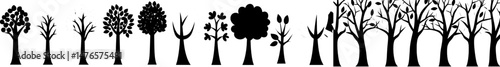 The background of this design is an abstract doodle forest with birch and oak tree shapes, combined with a seasonal garden graphic and decorative plant silhouettes for a neoteric look