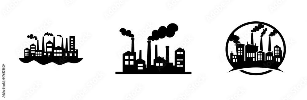 An icon representing a factory building is depicted alongside a power industry plant, showcasing a modern industrial silhouette complete with smoke pipes and chimneys, symbolizing an oil and gas An icon representing a factory building is depicted alongside a power industry plant, showcasing a modern industrial silhouette complete with smoke pipes and chimneys, symbolizing an oil and gas