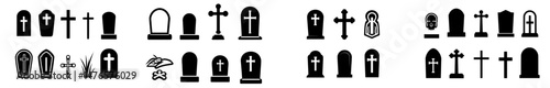 Icons for gravestones, headstones, and tombstones, as well as modern silhouettes of tombstones, are available, featuring cemetery or graveyard tombstones with RIP memorials and gothic crosses