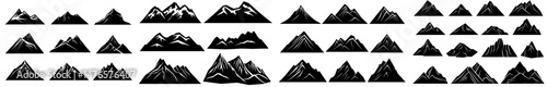 Modern landscape shapes of mountains, hills, and rocks are depicted as black silhouettes in a rocky valley setting, complemented by icons of mountain peaks, canyons, and alpine hills for outdoor