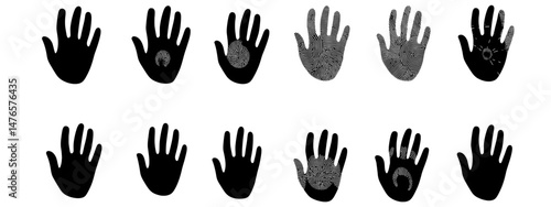 A neoteric set of handprint clipart features hand-drawn designs of isolated hands and black palm silhouettes, with representations of both baby and adult palms, ideal for use in memories or personal