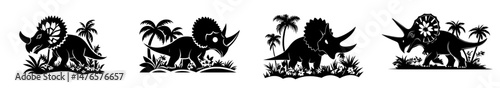 A triceratops dinosaur silhouette made of paper cutouts is set against a prehistoric landscape, complete with a 3d frame in the shape of a dinosaur, featuring apatosaurus or tyrannosaurus rex