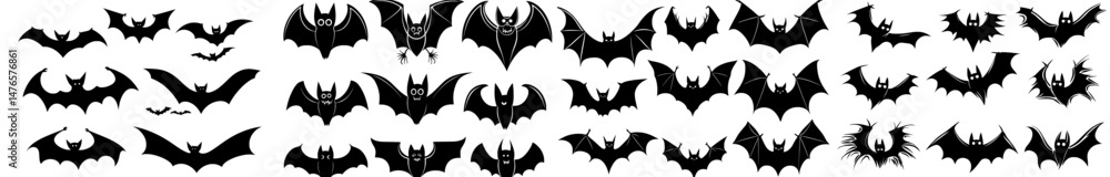 Halloween is represented by bat silhouettes for a horror-themed night, featuring modern cartoon icons, specifically flying vampire bats in black on a white background for decorations Halloween is represented by bat silhouettes for a horror-themed night, featuring modern cartoon icons, specifically flying vampire bats in black on a white background for decorations