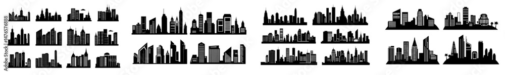 The city's skyline is defined by horizontal silhouettes, showcasing urban landscapes and high skyscrapers alongside government buildings in a panoramic view of a large town, all in a simple, modern, The city's skyline is defined by horizontal silhouettes, showcasing urban landscapes and high skyscrapers alongside government buildings in a panoramic view of a large town, all in a simple, modern,