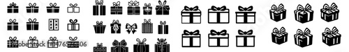 Modern clipart featuring simple black symbol signs, including gift boxes with ribbon icons and surprise boxes, ideal for birthday, wedding, or Christmas gift elements