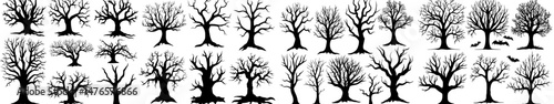 The silhouettes of winter trees are set, featuring a naked and bare tree with dead and dry branches devoid of leaves, suitable for a forest, garden, or modern autumn park clipart