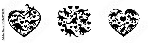 I am fond of dinosaurs arranged in a heart shape, which represents my passion for prehistoric animals, including T-rex, brachiosaurus, and triceratops, intertwined with red hearts