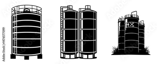 Black icon of a chemical plant and refinery container in silhouette form
