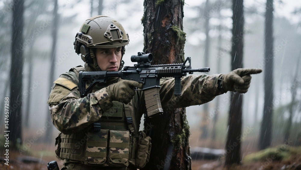 Fototapeta premium A determined soldier in a combat environment. The soldier is clad in military gear and holding a rifle, pointing towards an unseen target
