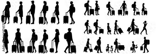 Travellers are depicted as black silhouettes, including people with backpacks, a man, woman, and child with luggage and suitcases, either standing, walking, or waiting, representing both families and