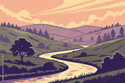 101 winding river through rolling hills, vibrant sunset sky, dreamy landscape, serene nature scene, atmospheric colors, idyllic outdoors, beautiful scenery, scenic vista, tranquil environment, mesmeri