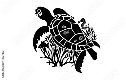 A cartoon underwater landscape with marine life, corals, plants, and plastic waste floating within is enclosed in a modern 3D frame shaped like a tortoise, and features a paper cut silhouette of a