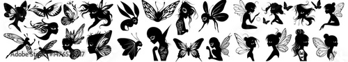 The fairy set features full-length and portrait black silhouettes of a beautiful young woman with pretty fairy wings, embodying a magic tales princess fantasy pixie female character in a pin-up style