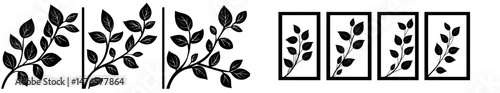 The frame is set with dry branch silhouettes in a rectangular shape, accompanied by an arid tree part with elegant leaves and a liana creeper dangling, all in a natural plant element style, presented